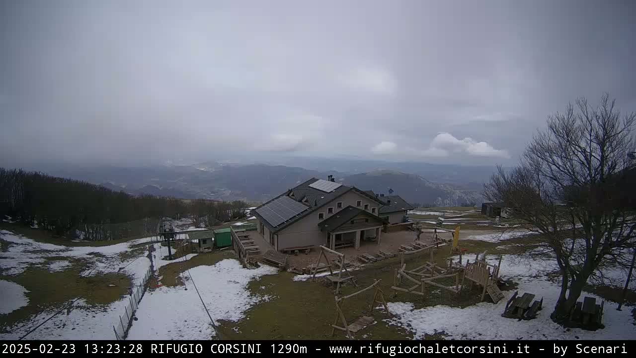 A mountain lodge with a playground is visible under an overcast sky, with patches of snow on the ground.
