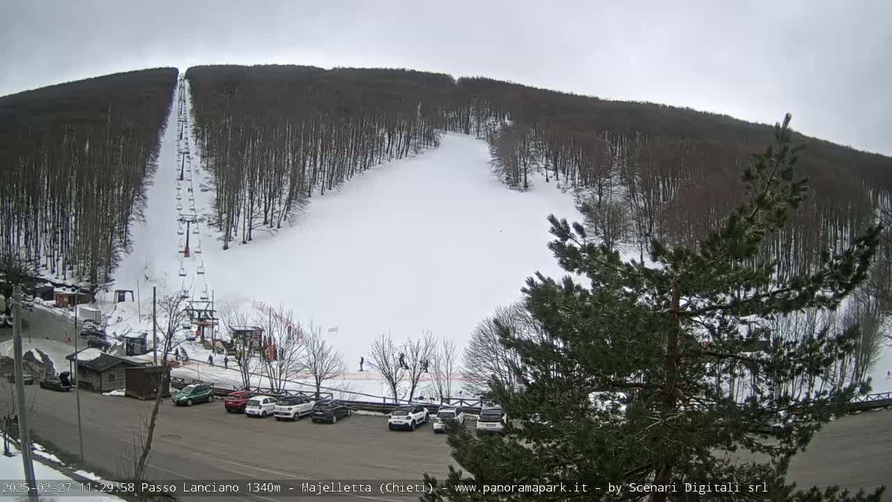 A snowy ski slope with a chairlift running through a forest of leafless trees under an overcast sky.