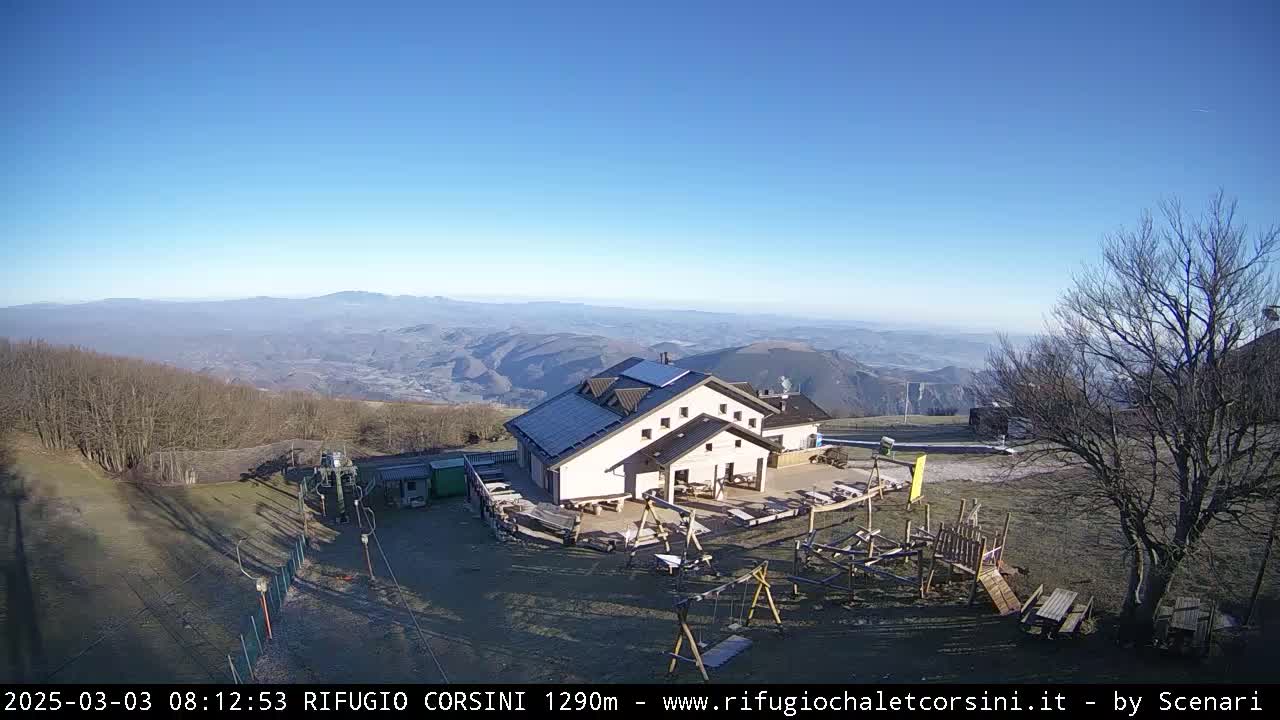 A mountaintop building with solar panels and a playground is seen on a sunny day with a clear view of distant hills and valleys.