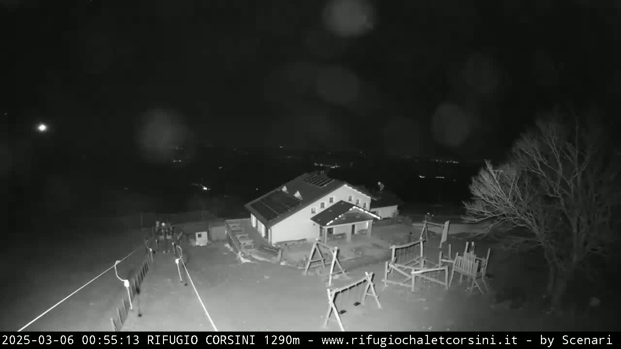 A nighttime, possibly snowy, overhead view shows a building with a playground next to it, several people walking near the building, and some trees in the background under a dark sky.