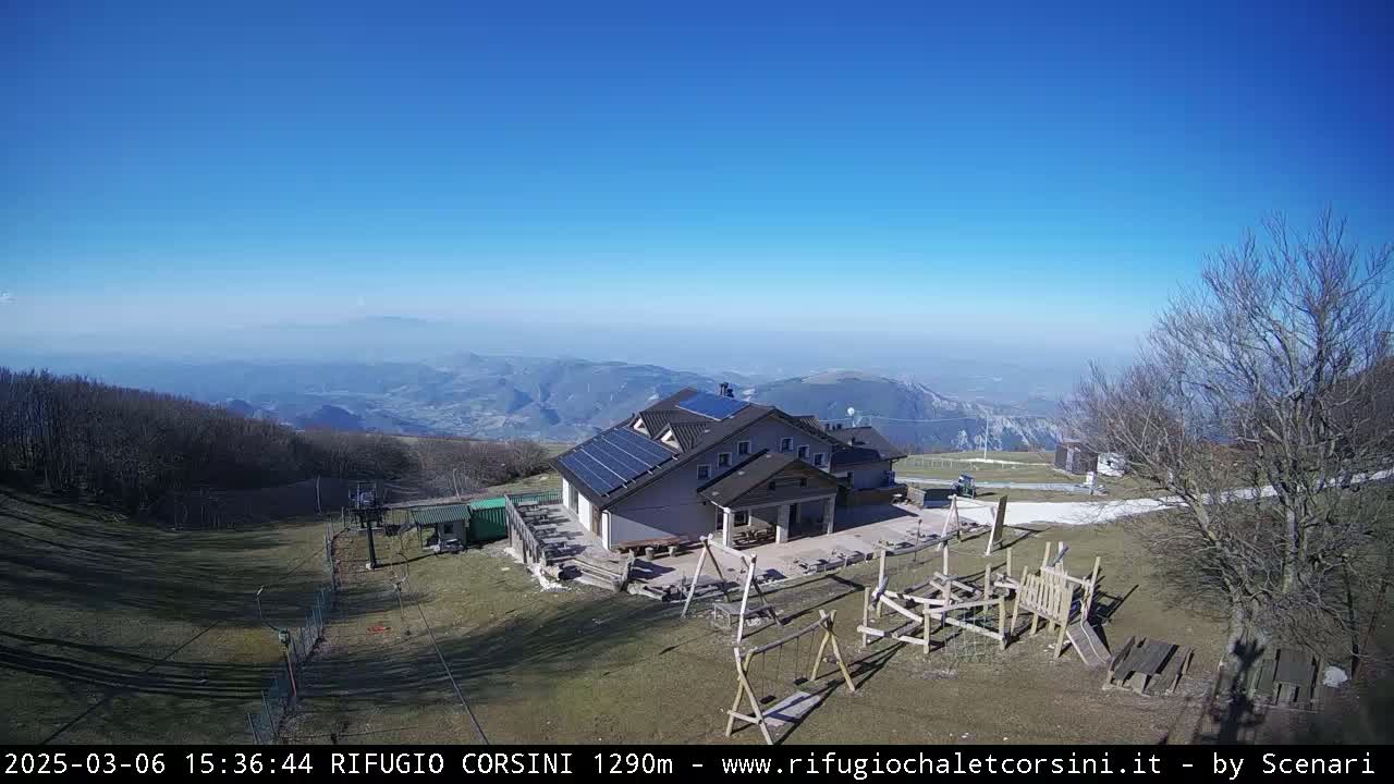 A mountaintop building with solar panels is shown, overlooking a vast valley under a clear blue sky.