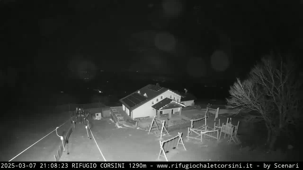 A nighttime, black-and-white overhead view shows a building with a playground and several people walking nearby under a clear, dark sky.