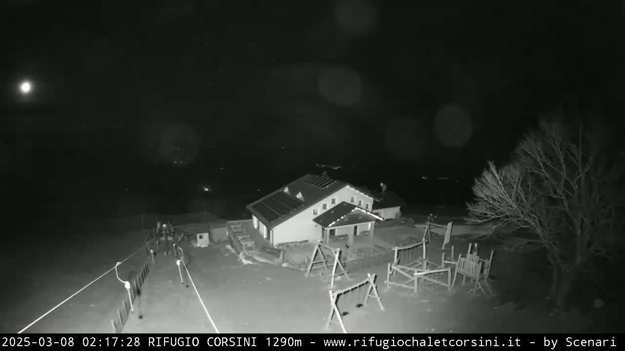 A nighttime, high-angle, black and white view shows a building with solar panels, a playground, and some trees under a mostly clear sky with a bright moon.