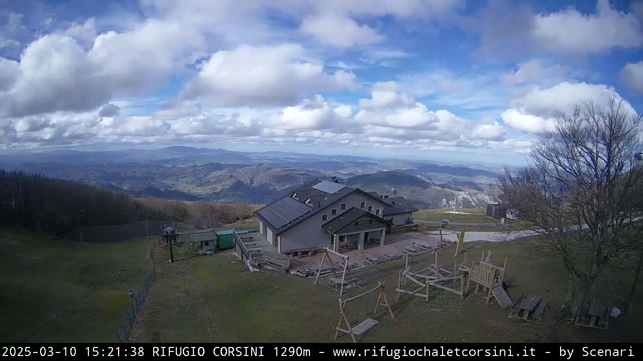 A mountaintop building with solar panels is visible, overlooking a vast, partly cloudy landscape with rolling hills and a playground near the structure.