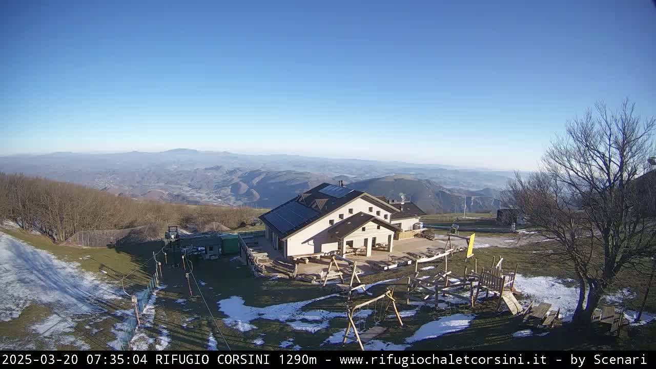 A mountaintop building with solar panels and a playground is seen on a sunny day with patches of snow on the ground and distant, hazy mountains in the background.