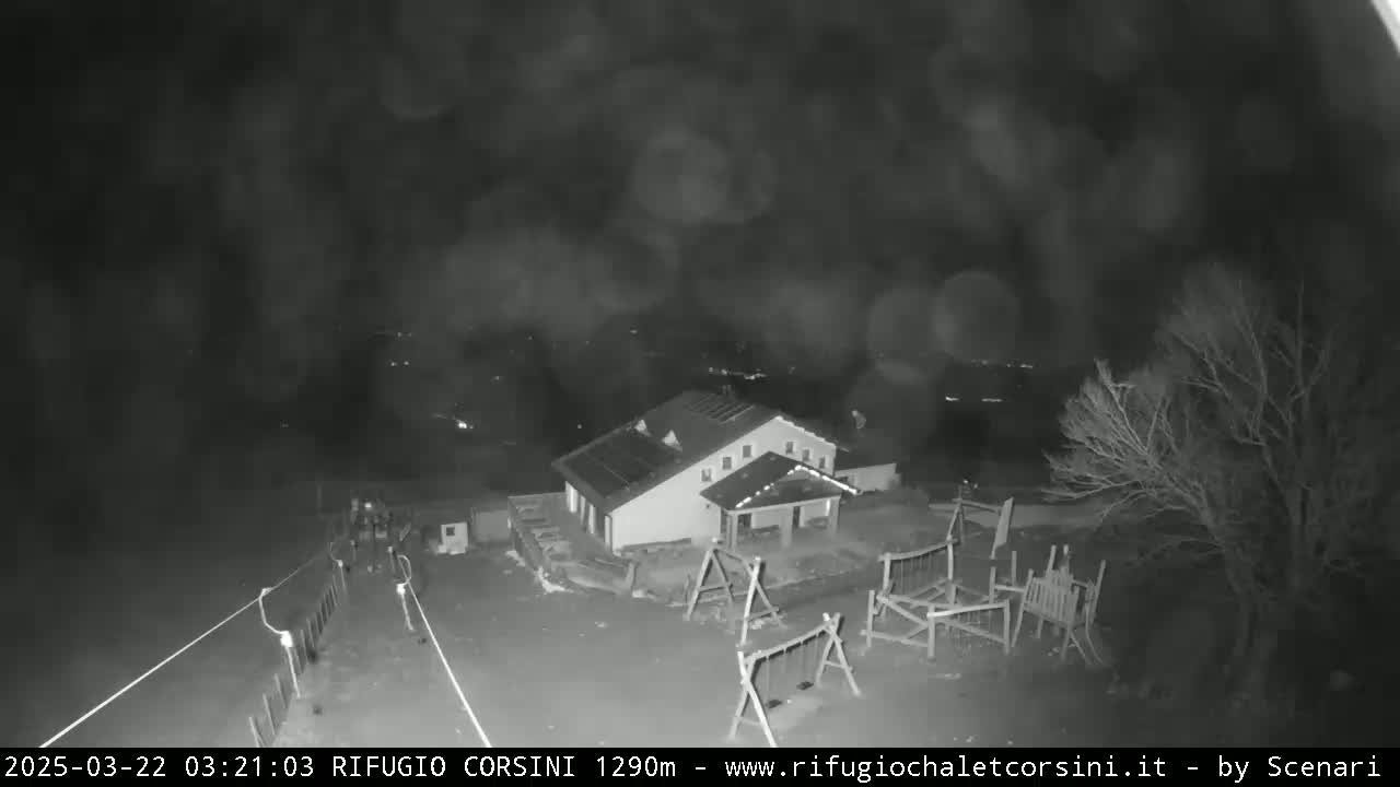 A nighttime, low-light image shows a building with a playground, some trees, and a roadway under cloudy conditions.