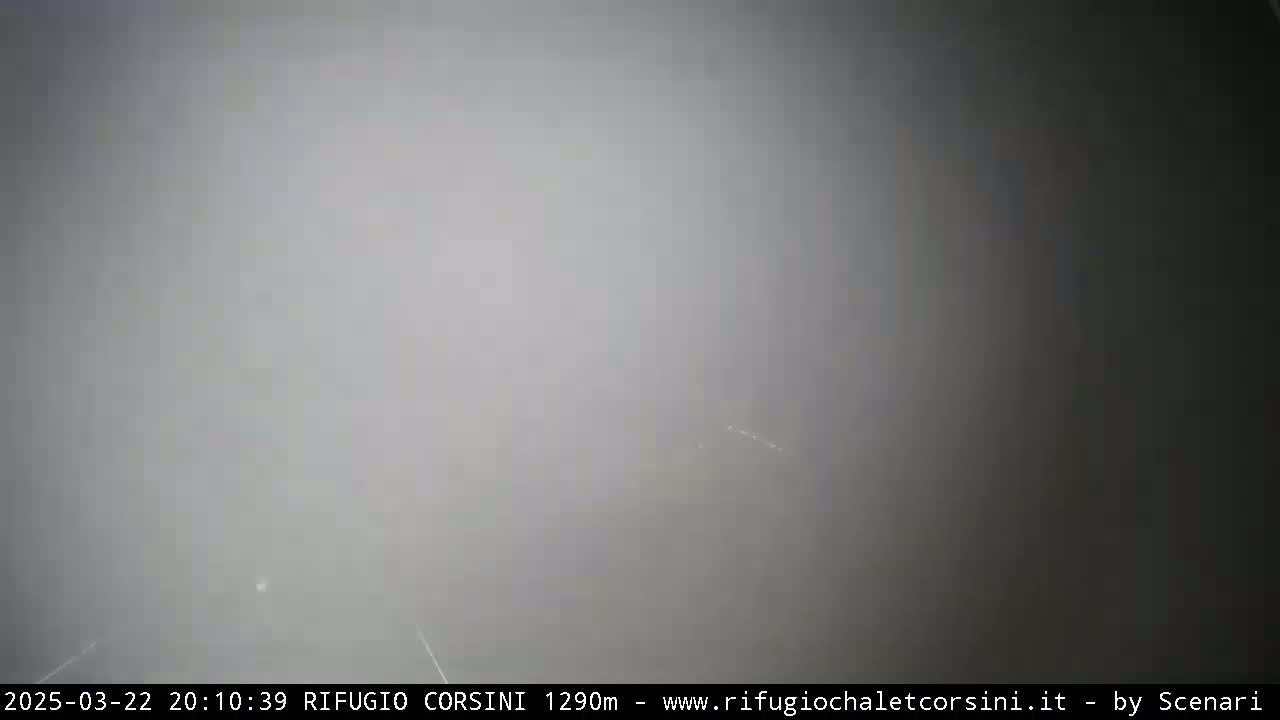 A very foggy, outdoor scene is visible, with only faint light visible in the far distance.