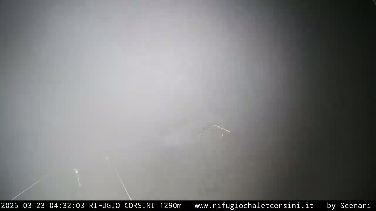 A foggy road is visible, with only a few indistinct shapes and faint lights barely perceivable through the dense fog.