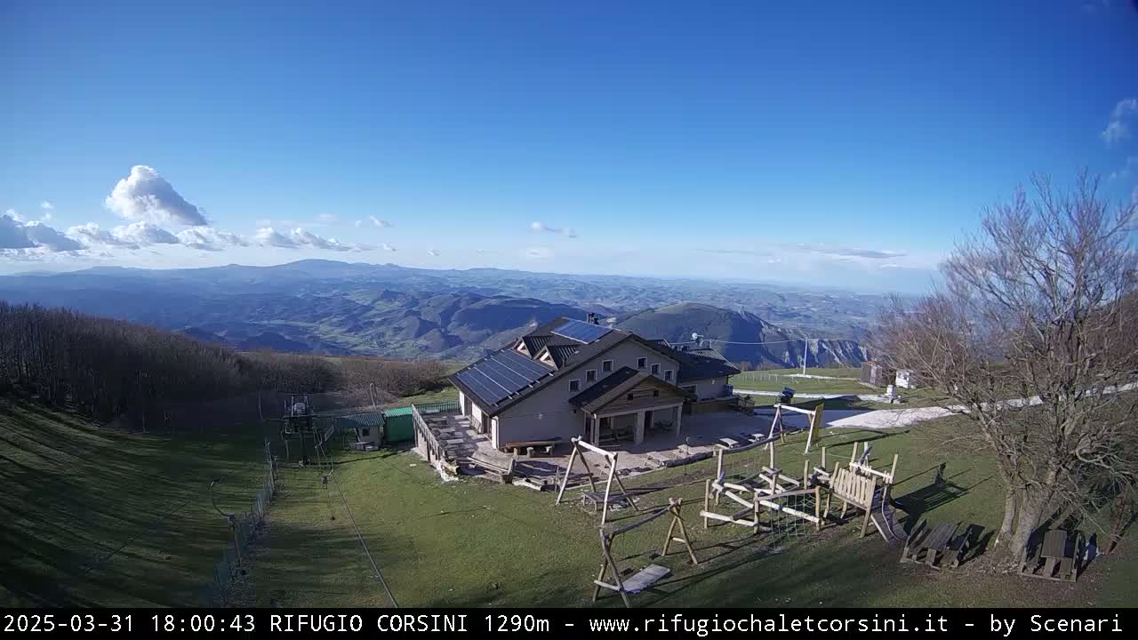 A mountaintop building with solar panels, a playground, and surrounding grassy areas, overlooks a vast valley under a mostly sunny sky with a few clouds.