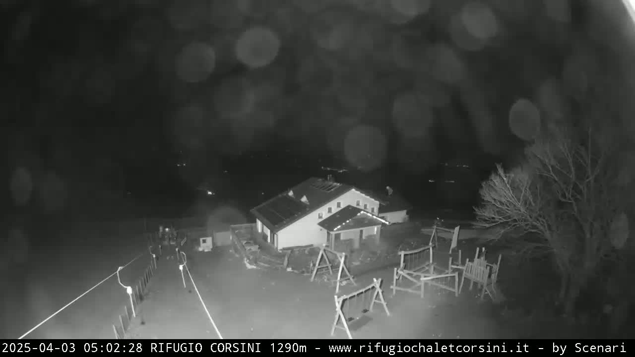 A nighttime, blurry, black and white image shows a building with a playground and a few bare trees under a lightly snowing sky.