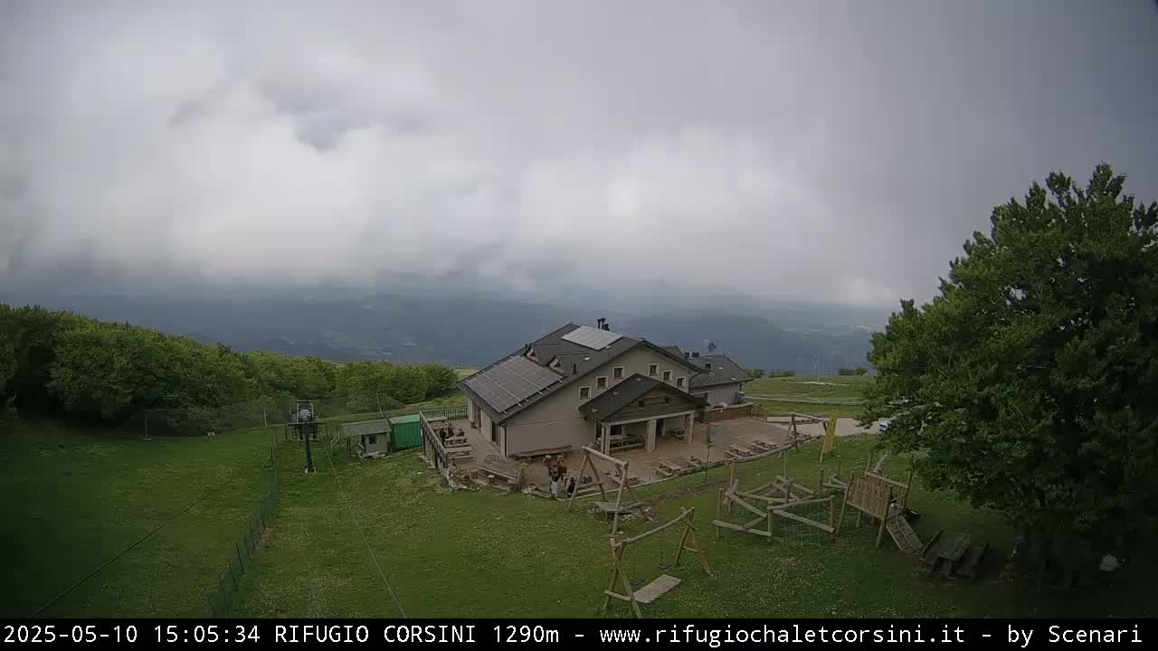 A mountain lodge with outdoor seating and play equipment sits on a grassy hillside under an overcast sky.