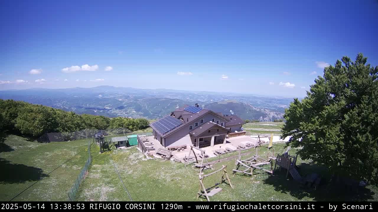 A mountaintop building with solar panels sits amidst green fields and trees under a mostly sunny sky, overlooking a vast valley.