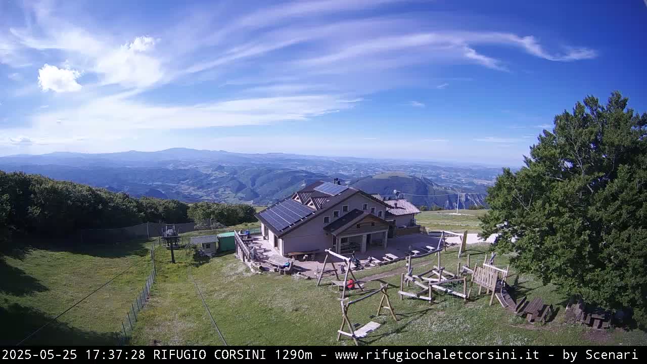 A mountaintop lodge with solar panels sits on a grassy area overlooking a vast valley under a mostly sunny sky.