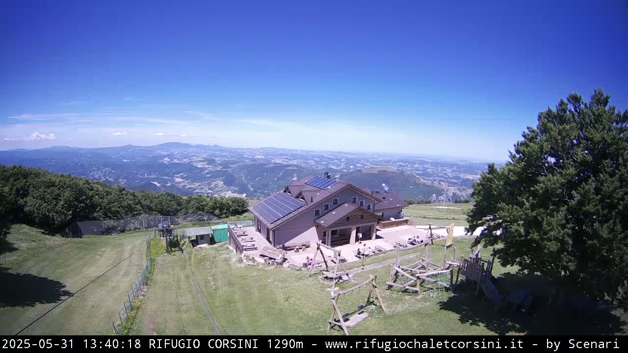 A mountaintop building with solar panels is surrounded by green grass, a playground, and trees, overlooking a vast valley under a clear blue sky.
