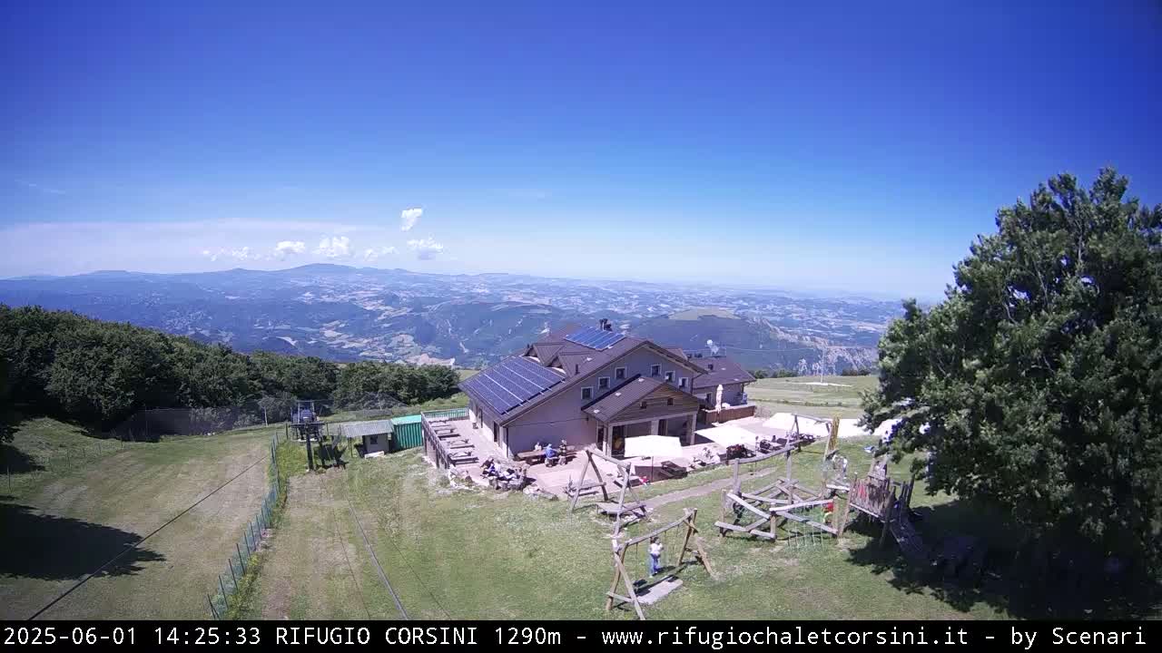 A mountaintop building with solar panels, outdoor seating, and a playground is situated on a grassy area overlooking a vast, sunny valley.
