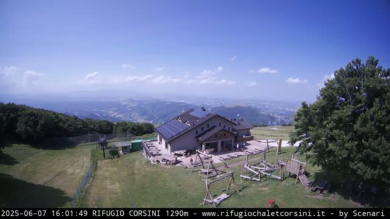 A mountaintop building with solar panels, a playground, and outdoor seating overlooks a valley under a mostly sunny sky.