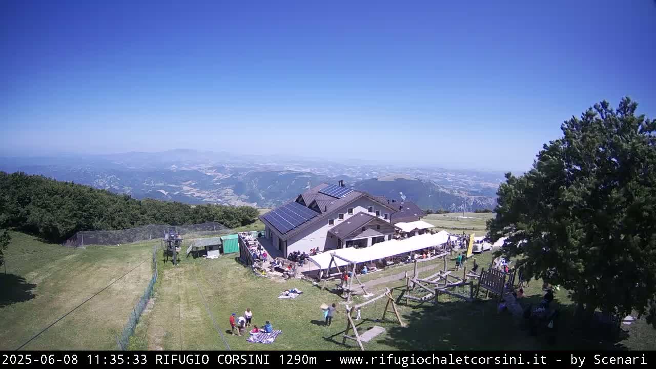 A mountaintop building with solar panels and a large gathering of people outside on a sunny day with a clear view of distant mountains and valleys.