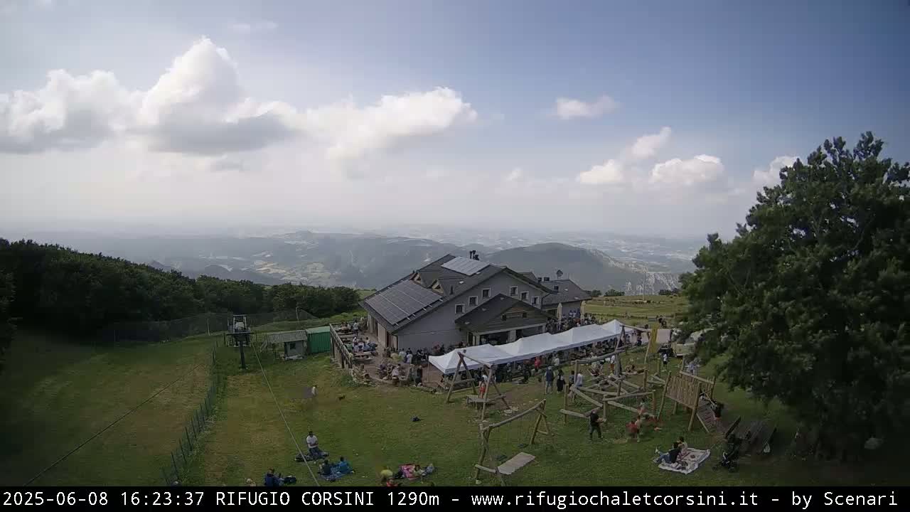 A mountaintop building with a crowd of people gathered outside under partly cloudy skies, overlooking a valley.