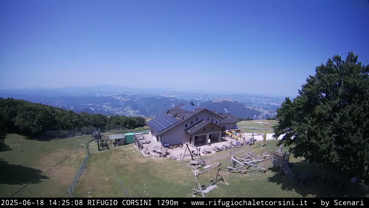 A mountaintop building with solar panels and a playground is visible, overlooking a vast, sunny valley.