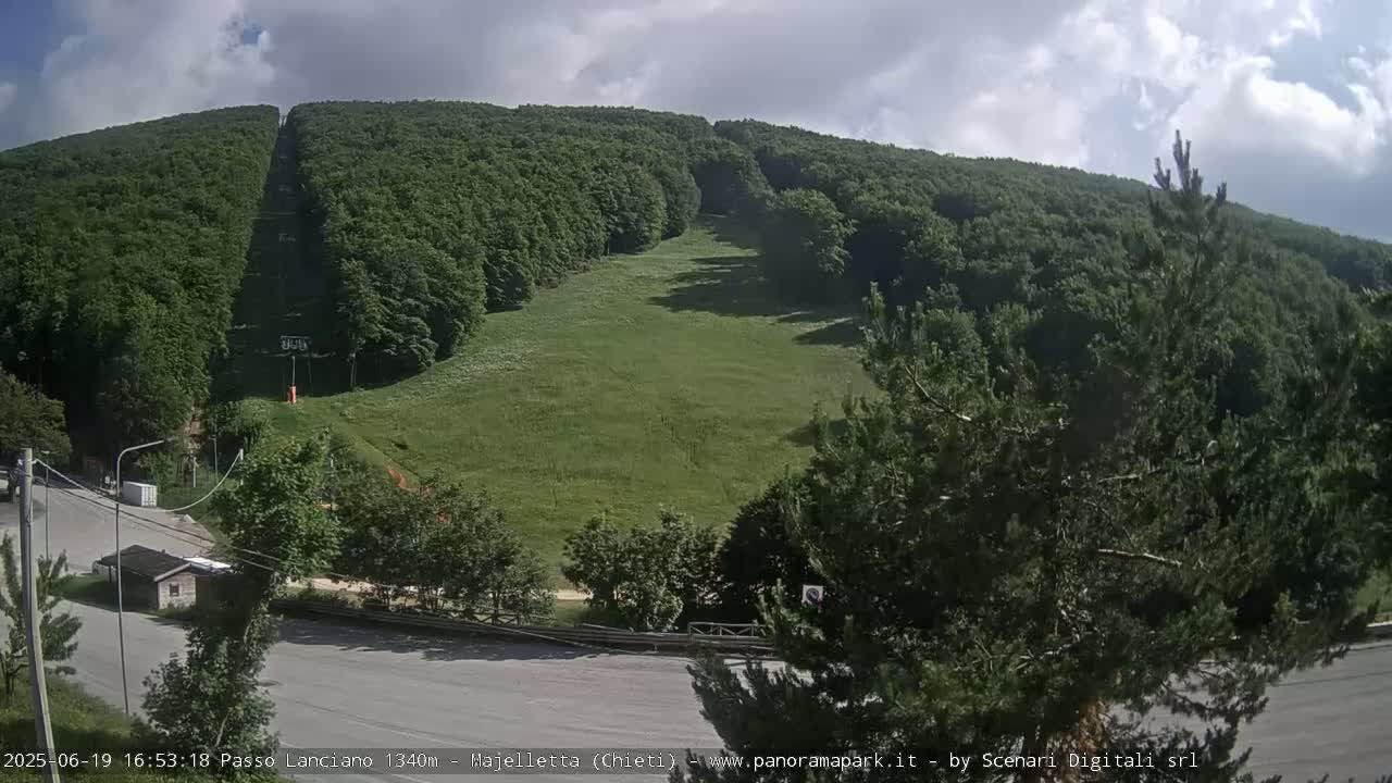 A grassy hill, partially forested, with a chairlift visible, sits under a partly cloudy sky.