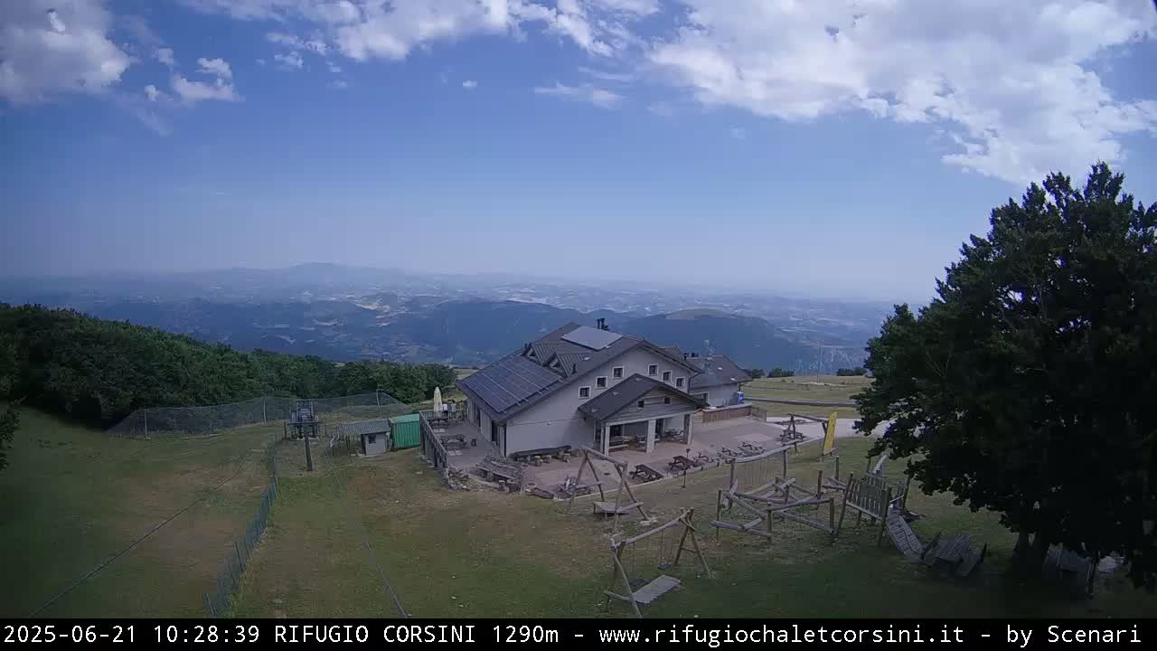 A mountaintop building with a playground and solar panels is visible under a mostly clear sky, with distant mountain ranges in the background.