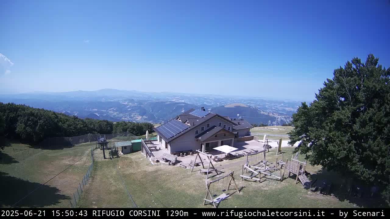 A mountaintop lodge with solar panels and a playground is shown on a sunny day with a view of distant hills and valleys.