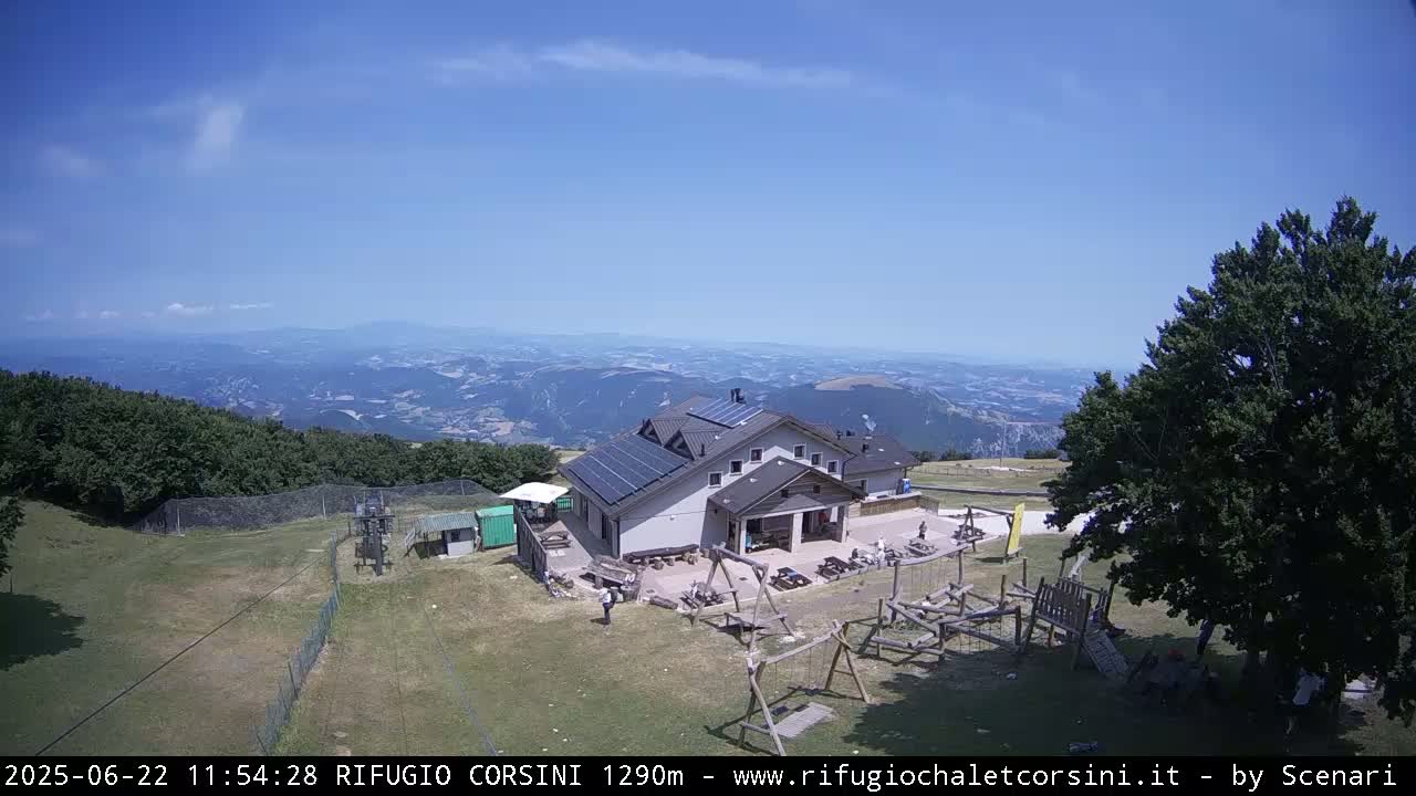 A mountaintop building with solar panels sits amidst a playground and grassy areas, overlooking a vast valley under a clear, sunny sky.