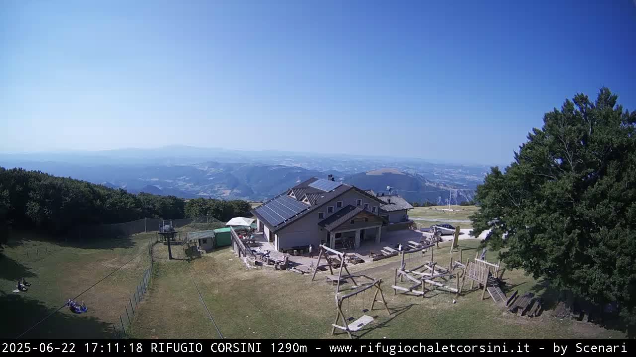 A mountaintop lodge with a playground and solar panels sits on a grassy area overlooking a vast, sunny valley.