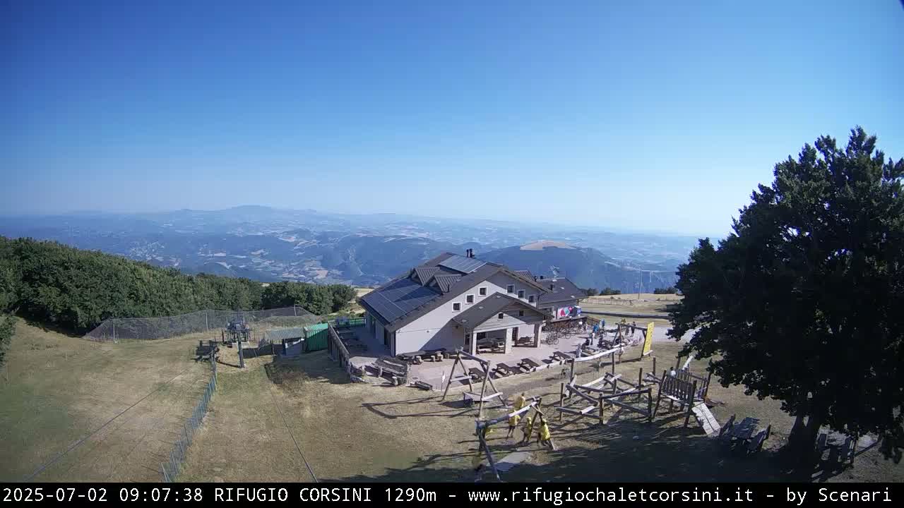 A mountaintop building with solar panels, a playground, and surrounding grassy areas is visible on a clear, sunny day with expansive views of rolling hills and mountains in the distance.