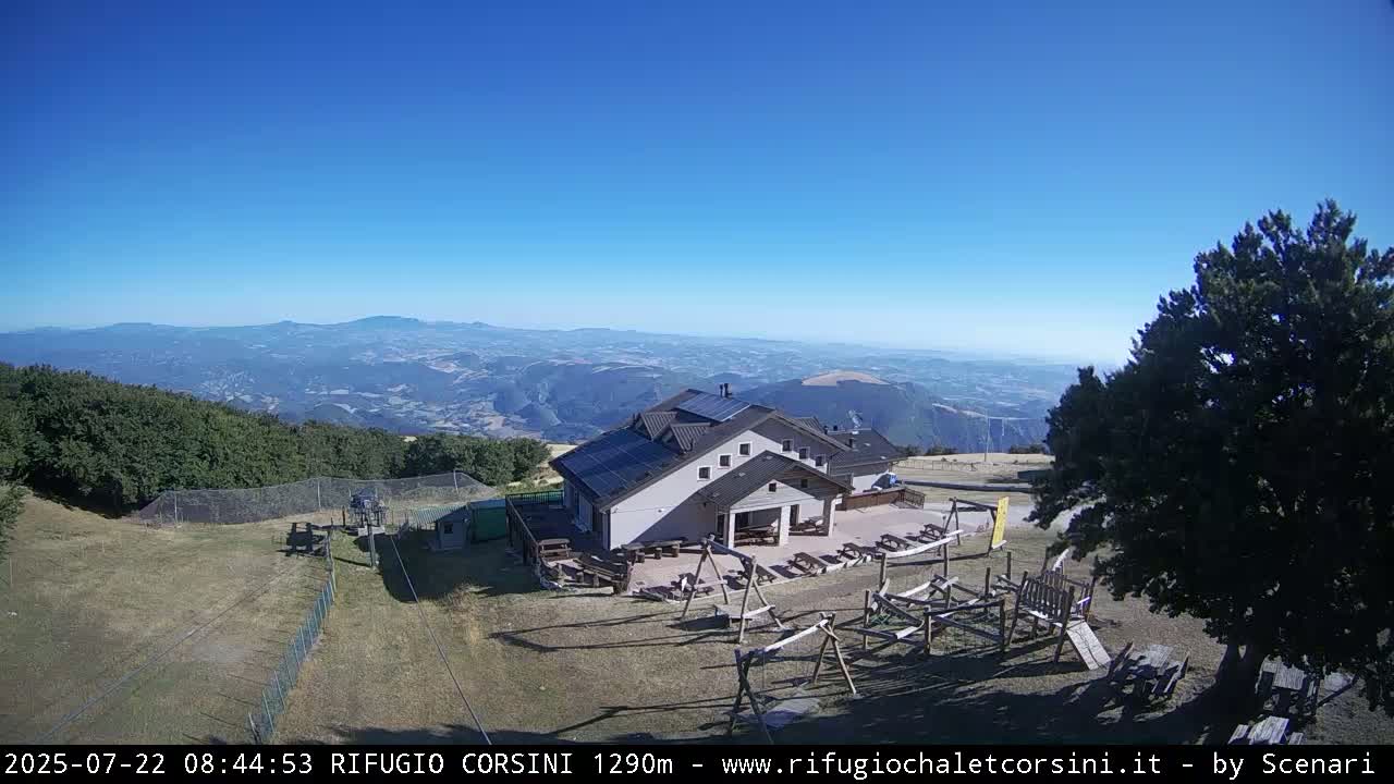 A mountaintop building with solar panels, a playground, and outdoor seating overlooks a vast, sunny valley.