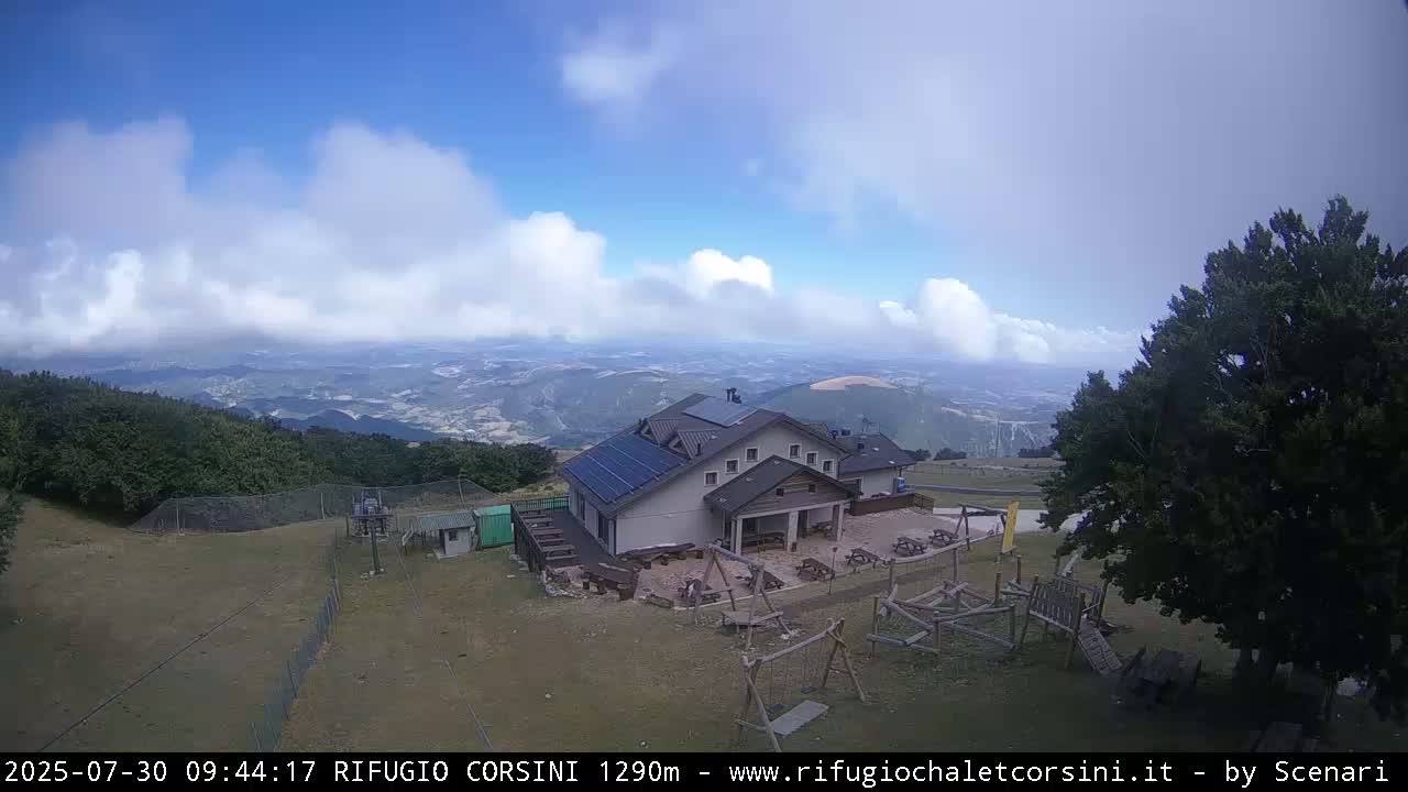A mountaintop building with solar panels, a playground, and outdoor seating overlooks a partly cloudy valley.