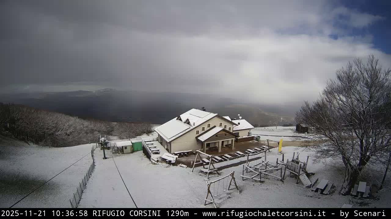 A snow-covered mountain chalet with a nearby playground and ski lift sits under a heavily clouded sky with some blue patches, indicating a cold winter day.