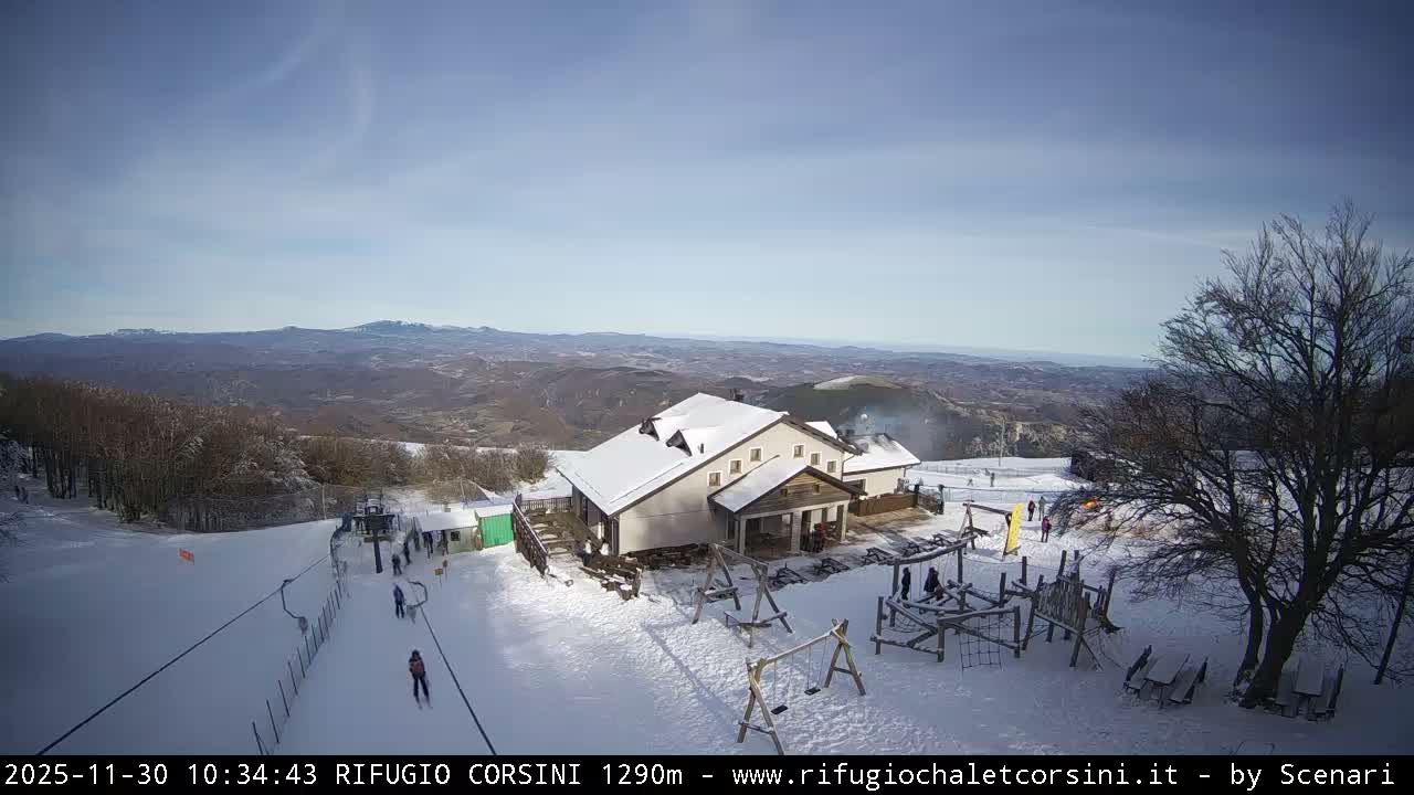 A snow-covered ski resort features a large lodge, a ski lift, skiers on slopes, and a snow-dusted playground, all beneath a clear and sunny blue sky.