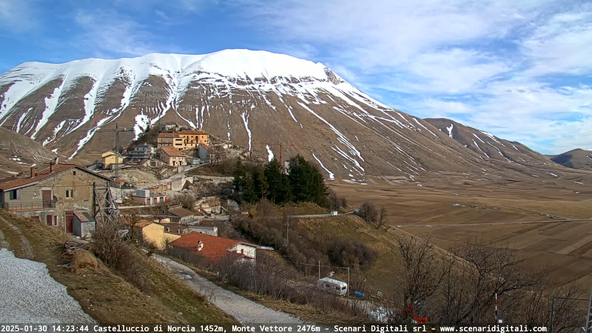 A snow-dusted mountain overlooks a small village nestled in a valley under a mostly sunny sky.