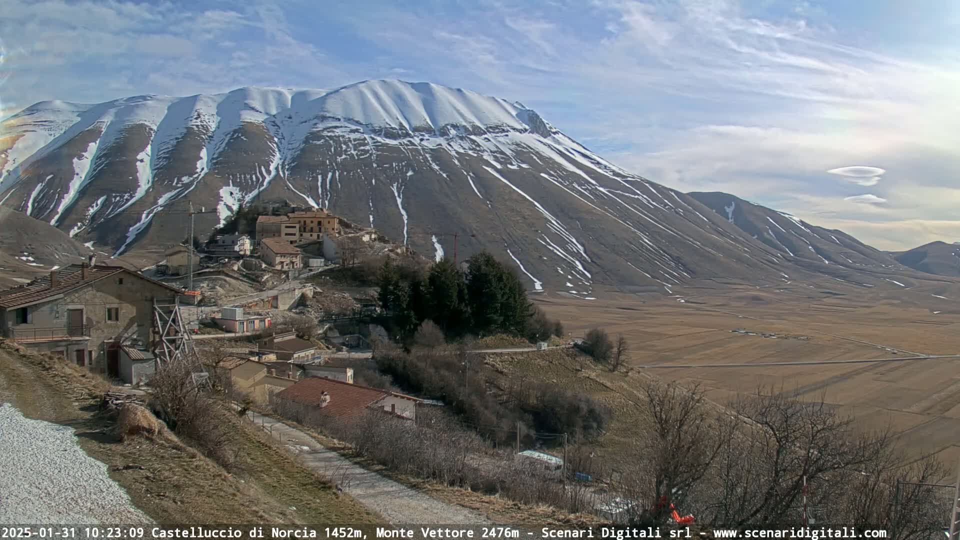 A snow-capped mountain overlooks a small village nestled in a valley on a partly cloudy day.
