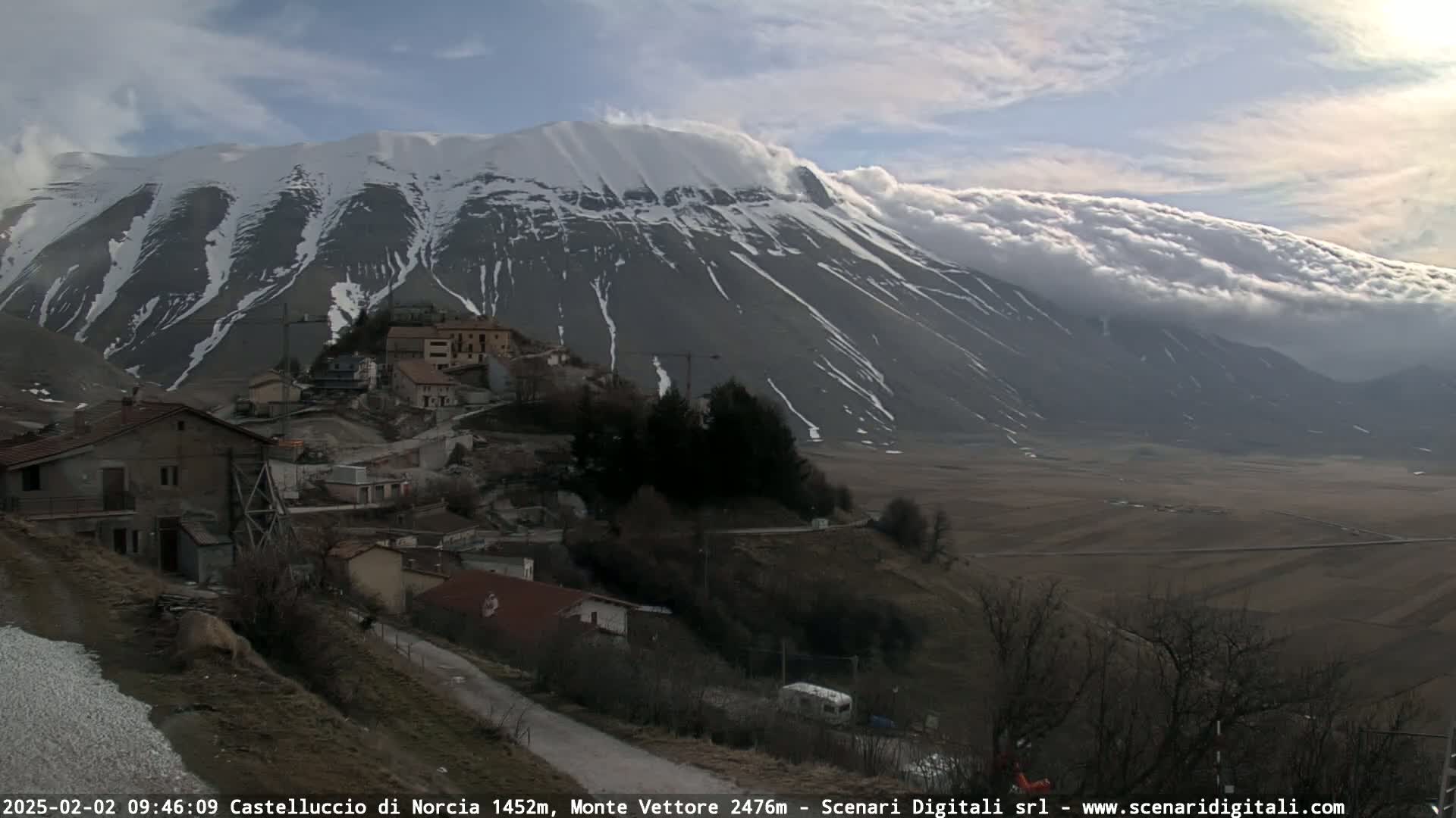 A small village nestled in a valley below a large, snow-capped mountain range under a partly cloudy sky.