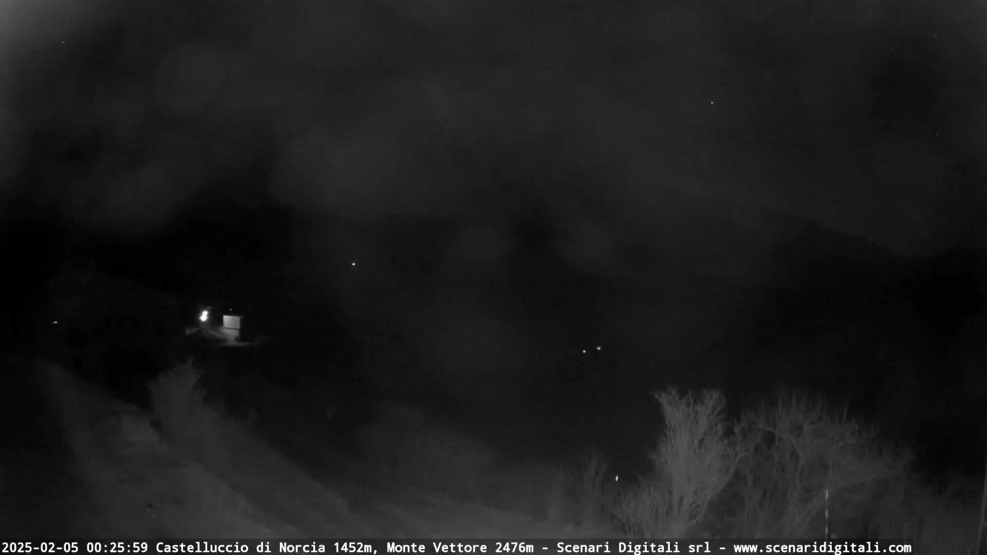 A nighttime, dark, and cloudy view of a hilly landscape with sparse, leafless trees and a few distant lights.