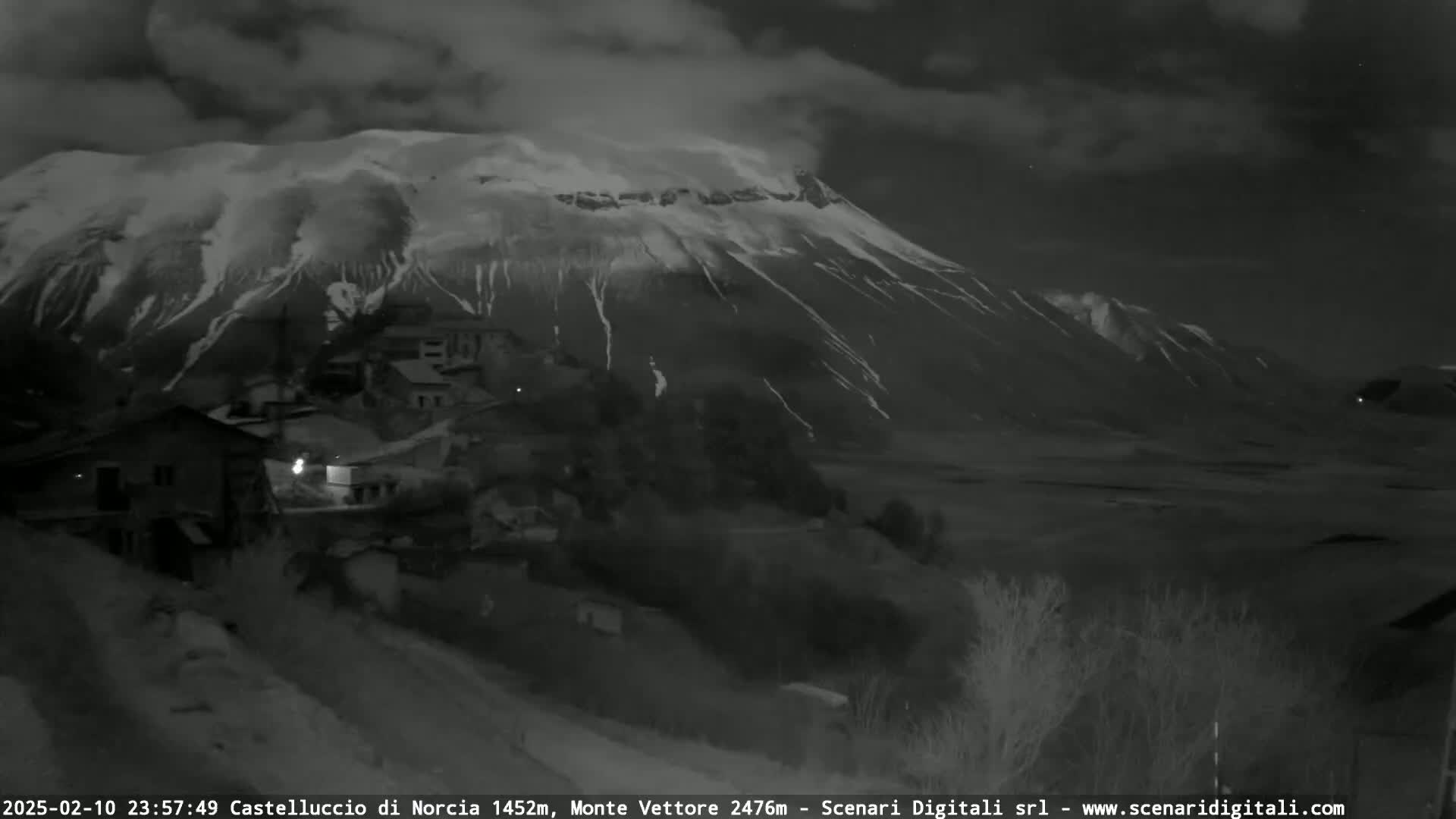 A snow-covered mountain looms over a small village at night under a cloudy sky.