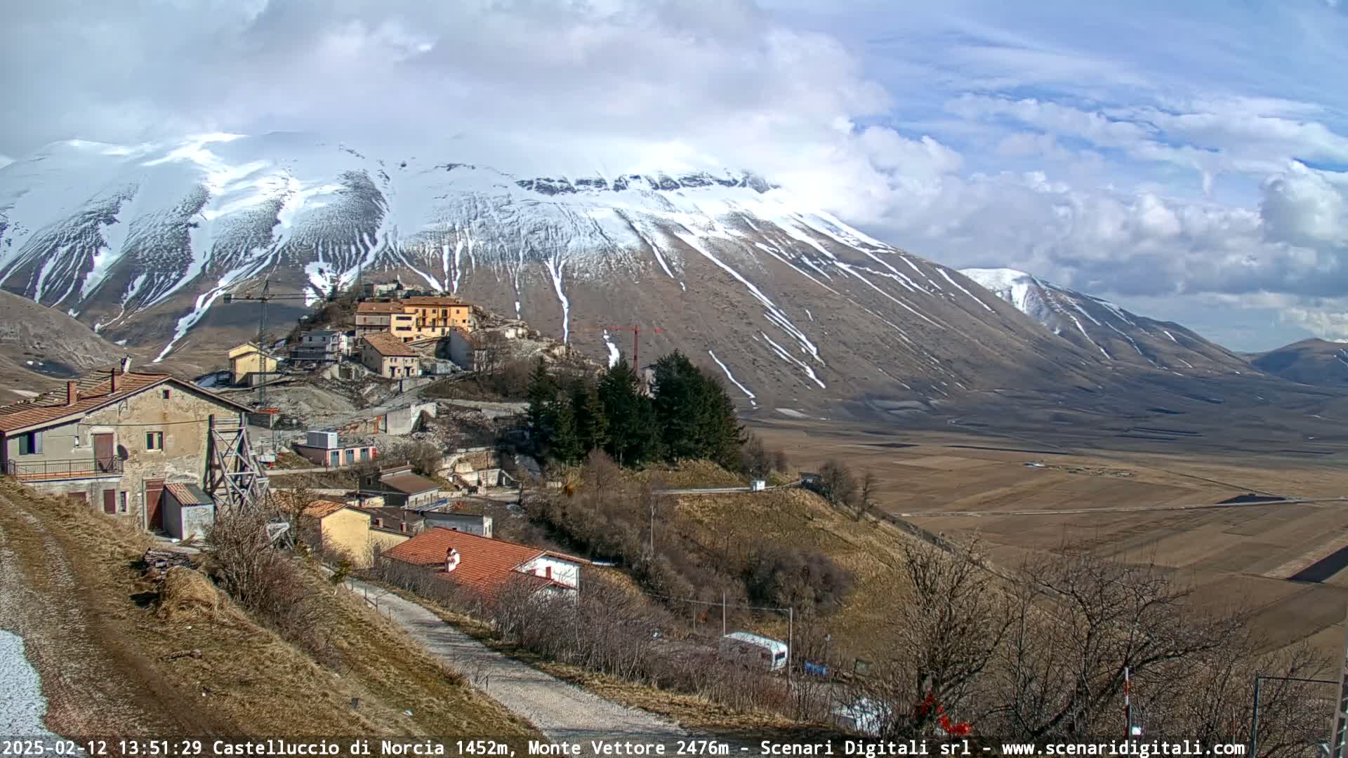 A small village nestled in a valley, with a snow-capped mountain range in the background under a partly cloudy sky.