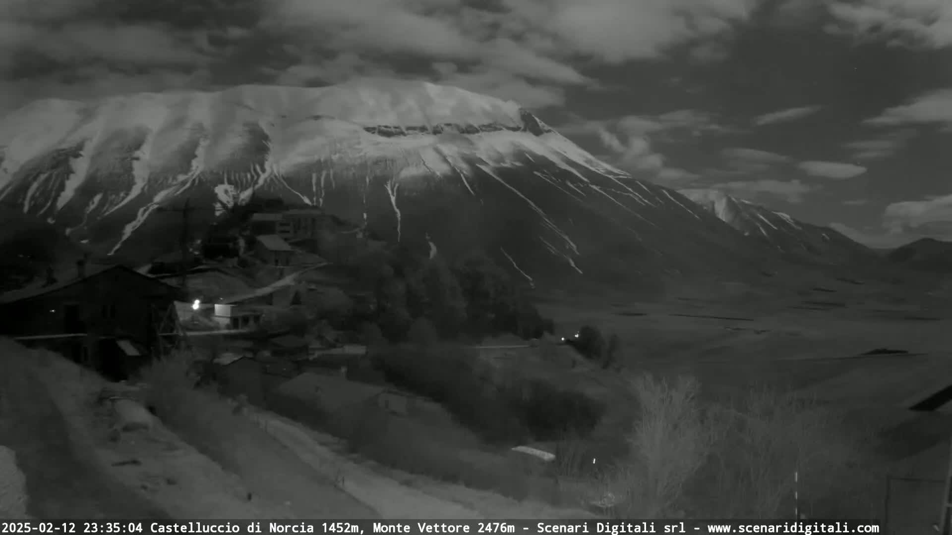 A snow-covered mountain looms over a small village at night under a cloudy sky.