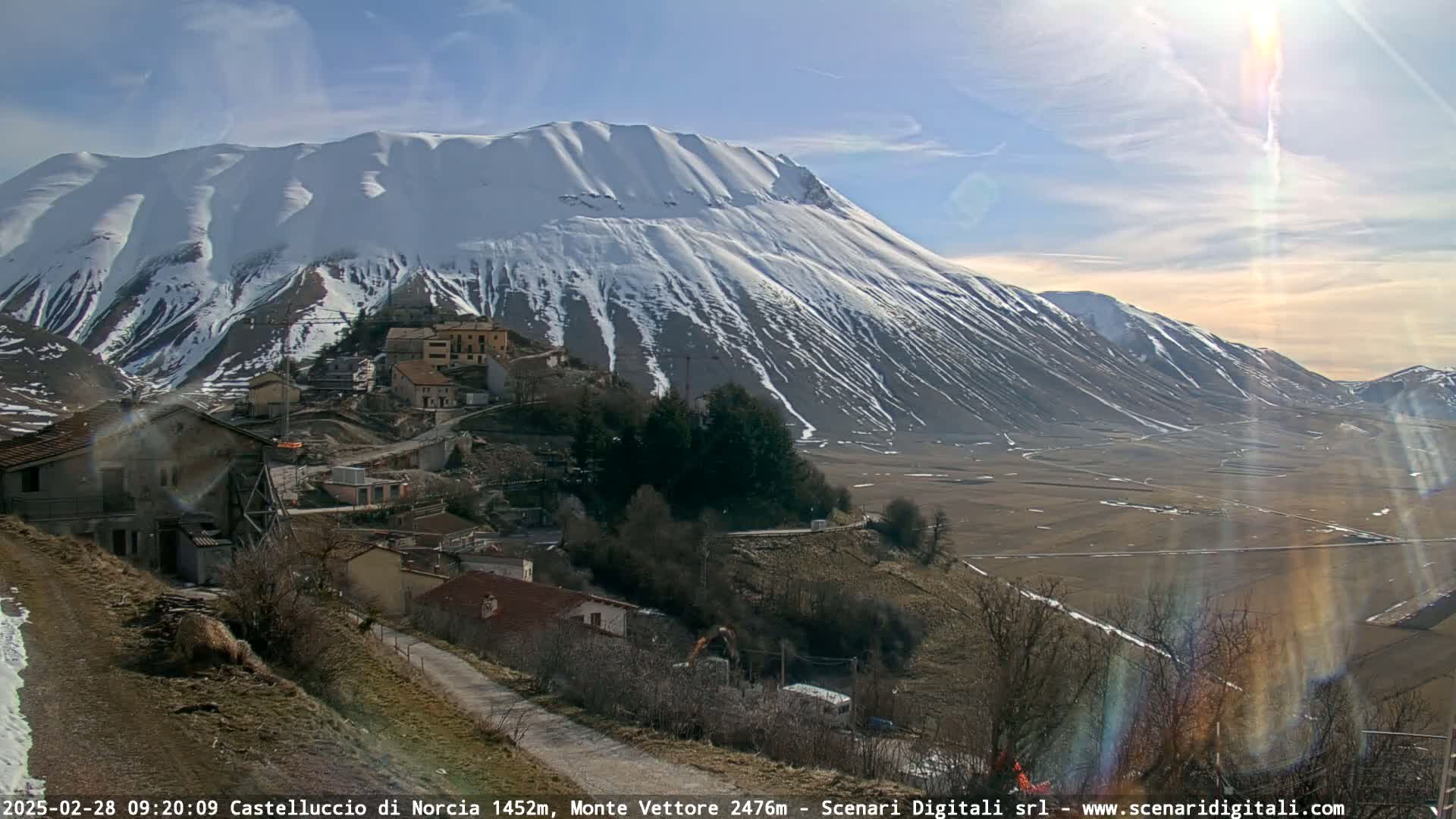 A snow-capped mountain overlooks a small village nestled in a valley on a sunny day.