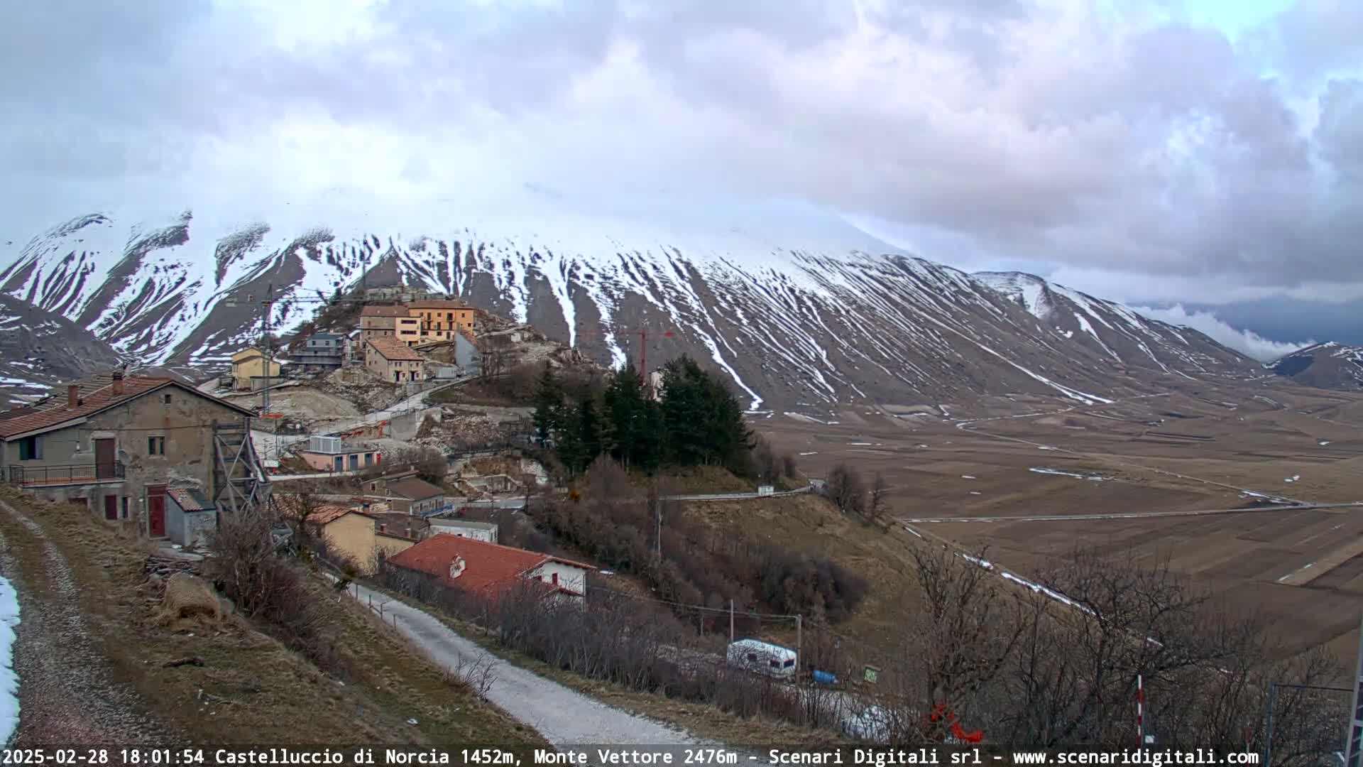 A snow-dusted mountain overlooks a small village nestled in a valley under a cloudy sky.
