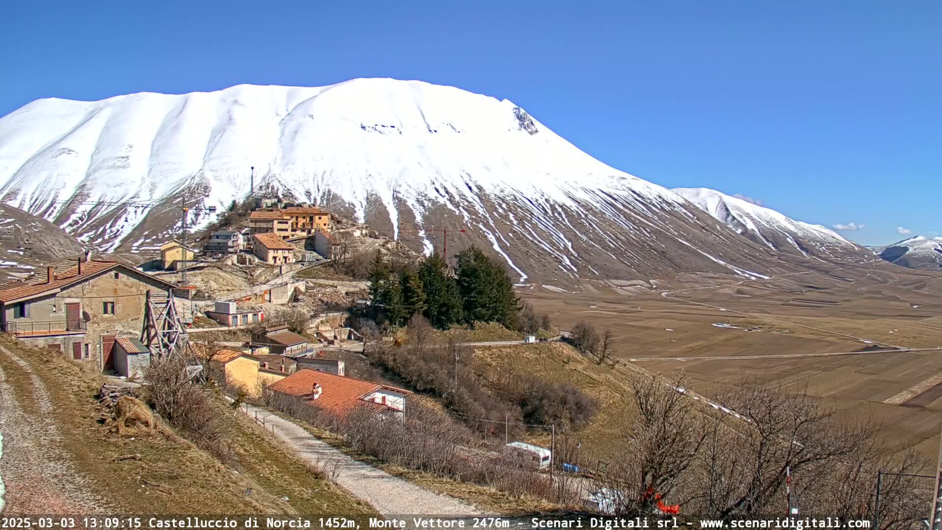 A snow-capped mountain overlooks a small village nestled in a valley on a sunny day.