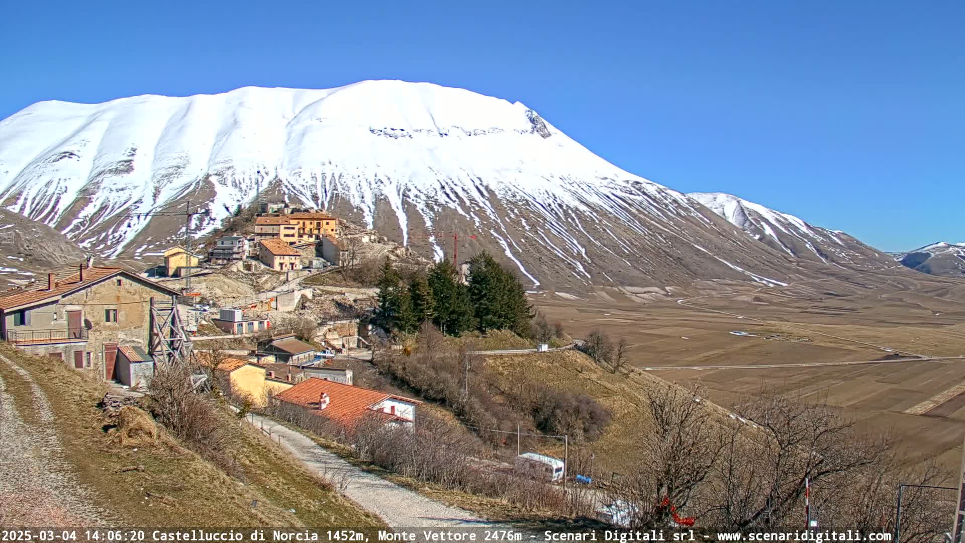 A snow-capped mountain overlooks a small village nestled in a valley on a sunny day.