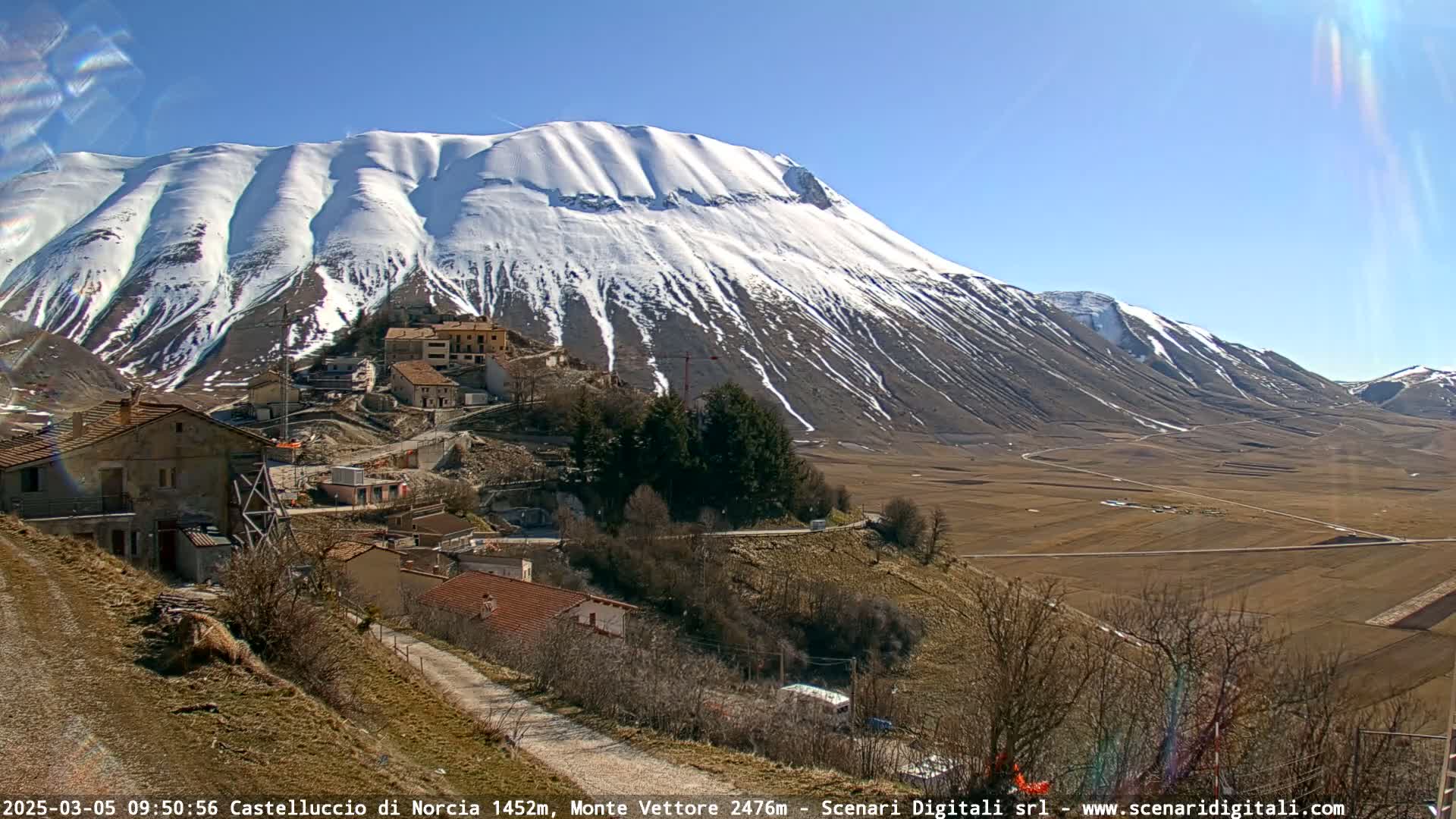 A snow-capped mountain overlooks a small village nestled in a valley on a sunny day.
