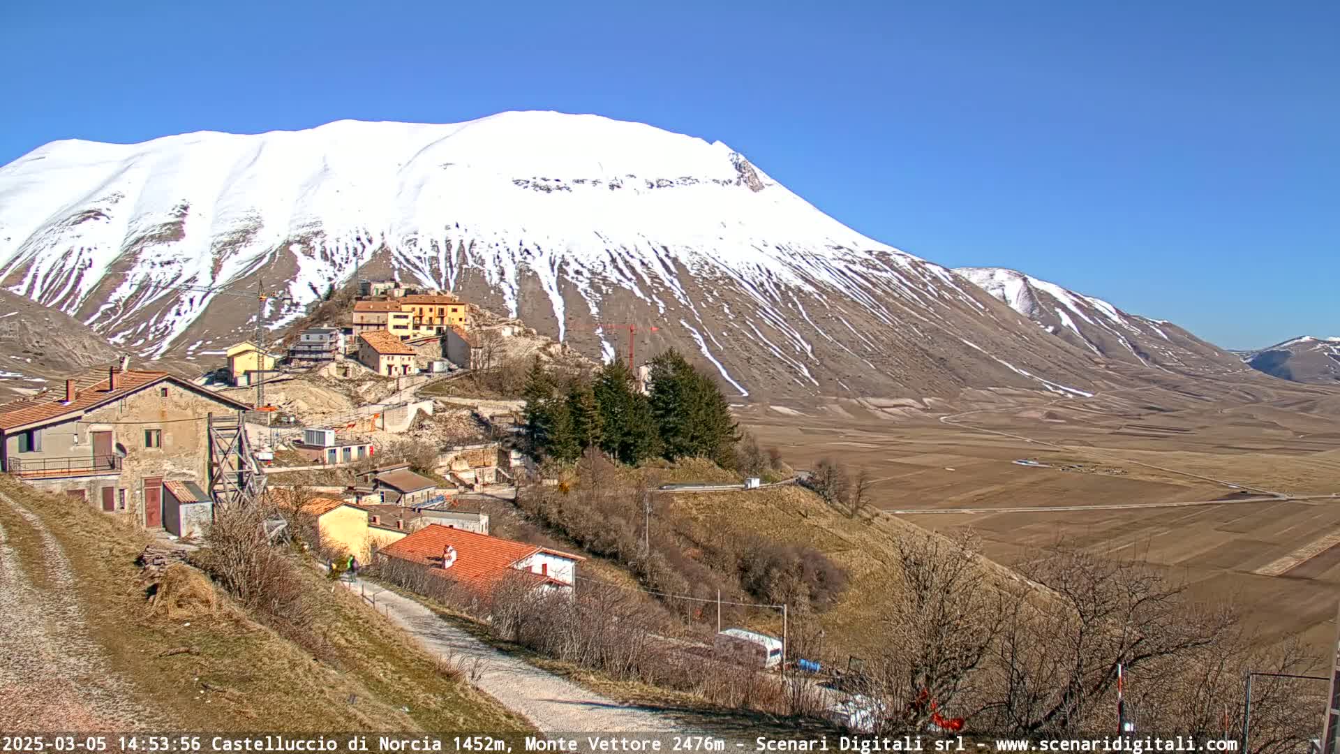 A snow-capped mountain overlooks a small village nestled in a valley under a clear blue sky.