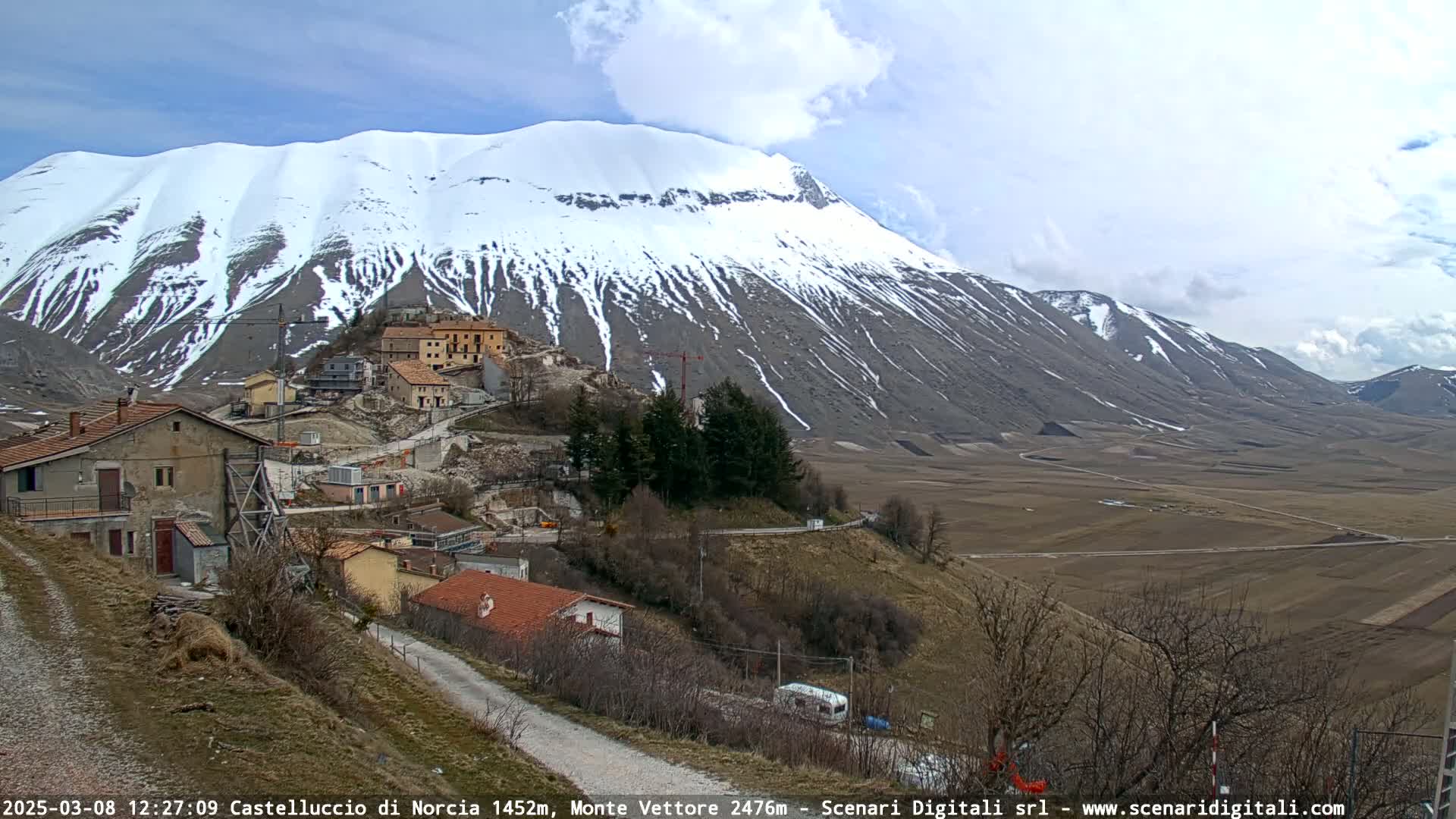 A partly cloudy day reveals a snow-capped mountain overlooking a small village nestled in a valley, with brown fields extending into the distance.