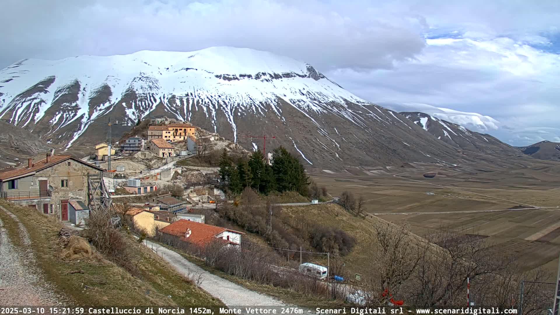 A partly cloudy day reveals a snow-capped mountain overlooking a small village nestled in a valley of brown farmland.