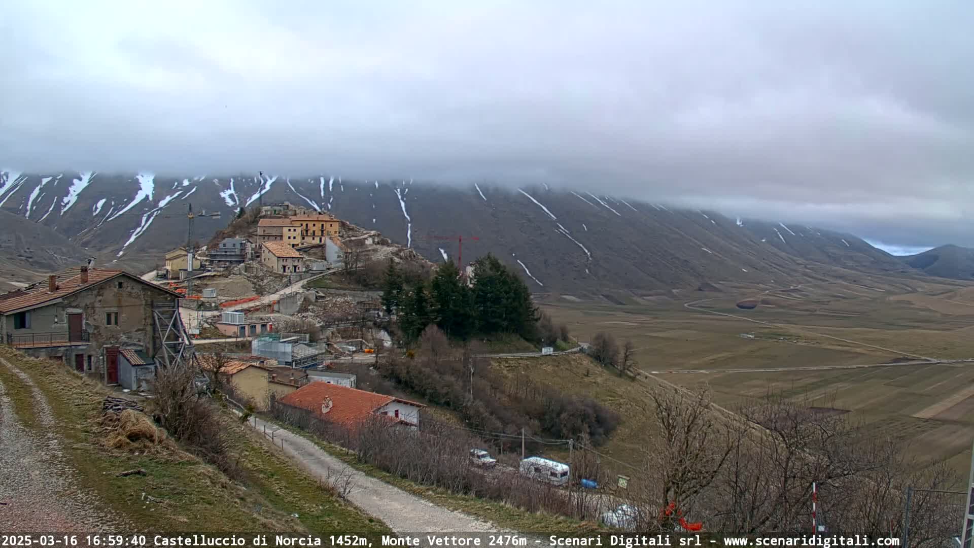 A small village nestled in a valley, with snow-dusted mountains in the background under a cloudy sky.