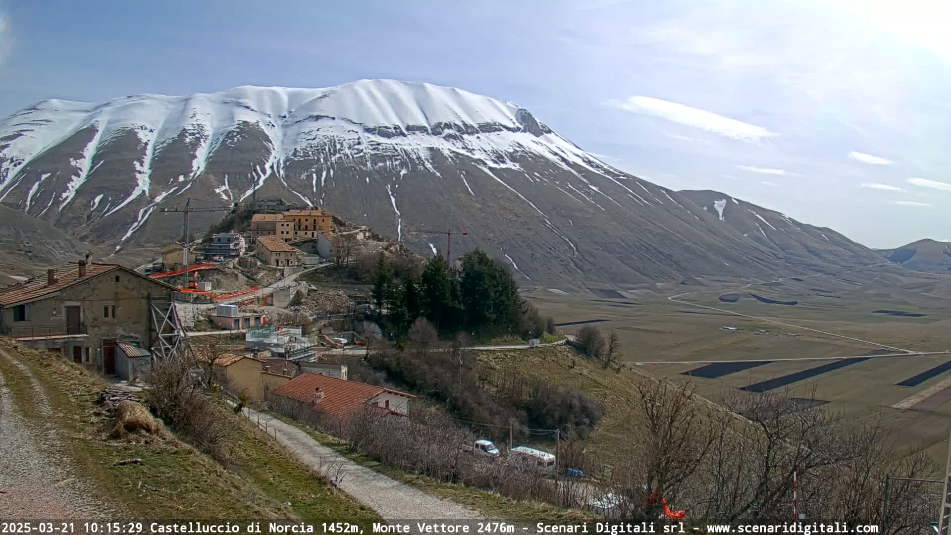 A snow-capped mountain overlooks a small village under a mostly clear sky, with construction visible in the village and fields stretching out below.